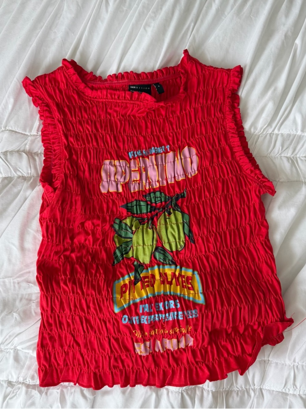 Red Smocked Graphic Sleeveless Top - Picture 5 of 8